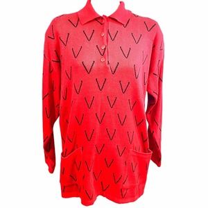 JFJ Knits Vintage Red & Black  Graphic Design Pullover Collared Sweater